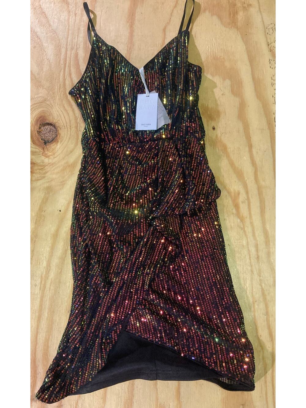 Grace Karin Women's Medium Iridescent Sequin Sleeveless Faux Wrap Dress